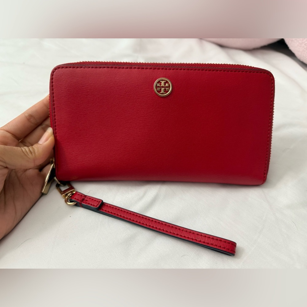 Tory Burch Red Clutch Wristlet wallet with Gold Accents